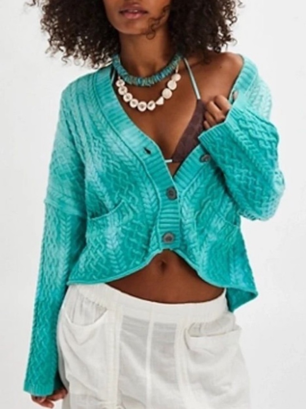 FREE PEOPLE Turquoise Cable-Knit Button Front cardigan small  washed ashore